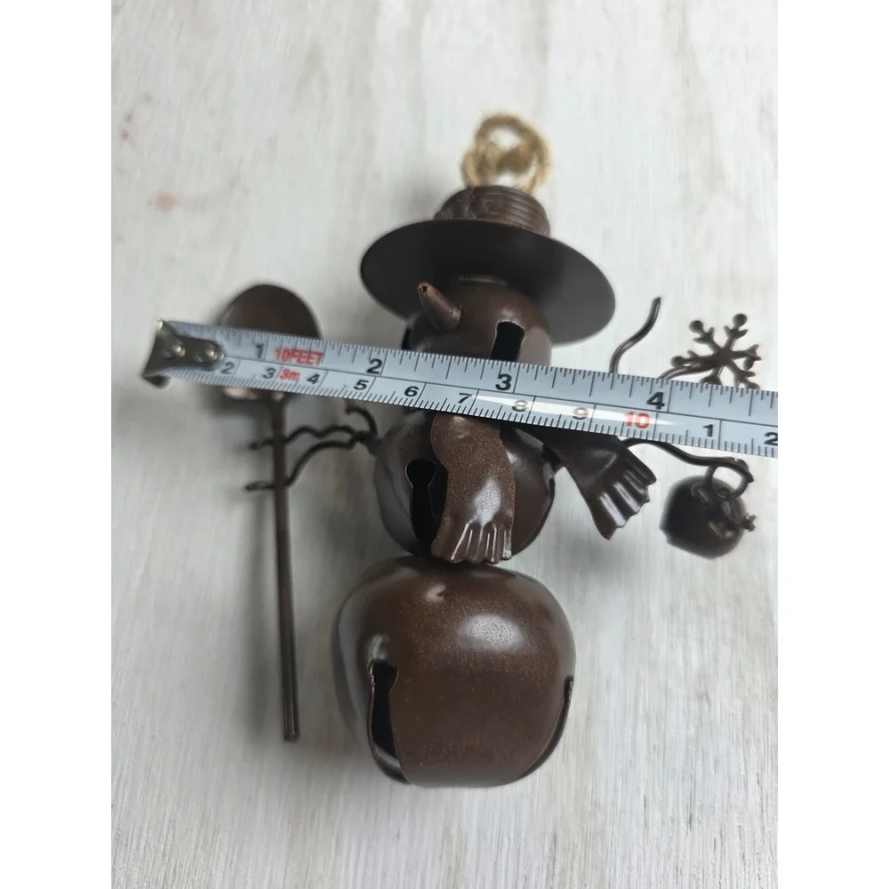 Rustic Brown Metal Snowman Jingle Bell Ornament Primitive Cottagecore Holiday